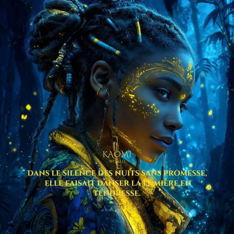 Naïa - la Porteuse de Tendresse Portrait d'une femme afrofuturiste, éclairée de lumière dorée, dans une forêt bleue magique. Elle incarne la douceur, la force et l'espoir au cœur d
