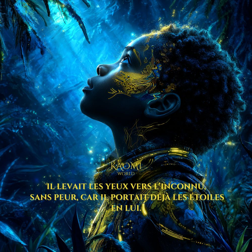 Portrait d’un jeune enfant noir dans une forêt futuriste bleue, regard tourné vers la lumière. Son visage est orné de motifs lumineux dorés. L’image évoque l’éveil, la curiosité et la magie intérieure.