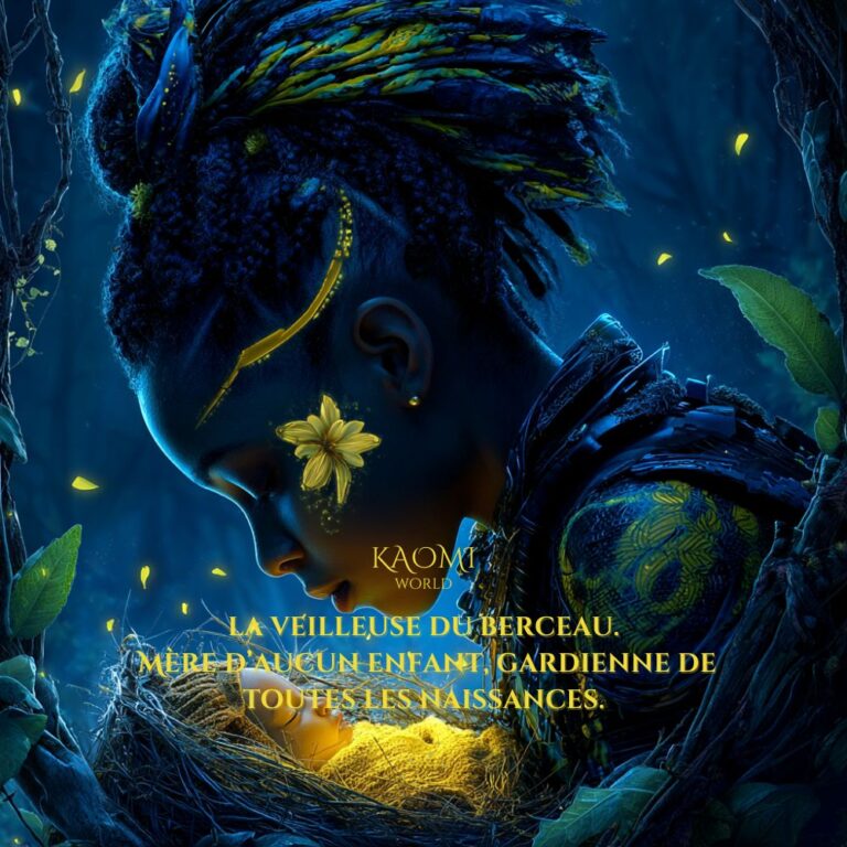 Portrait d'une femme noire au regard tendre penchée sur un bébé endormi, entouré de lumière dorée et de feuillage. La scène évoque la renaissance, la protection et la douceur sacrée dans un univers afrofuturiste.
