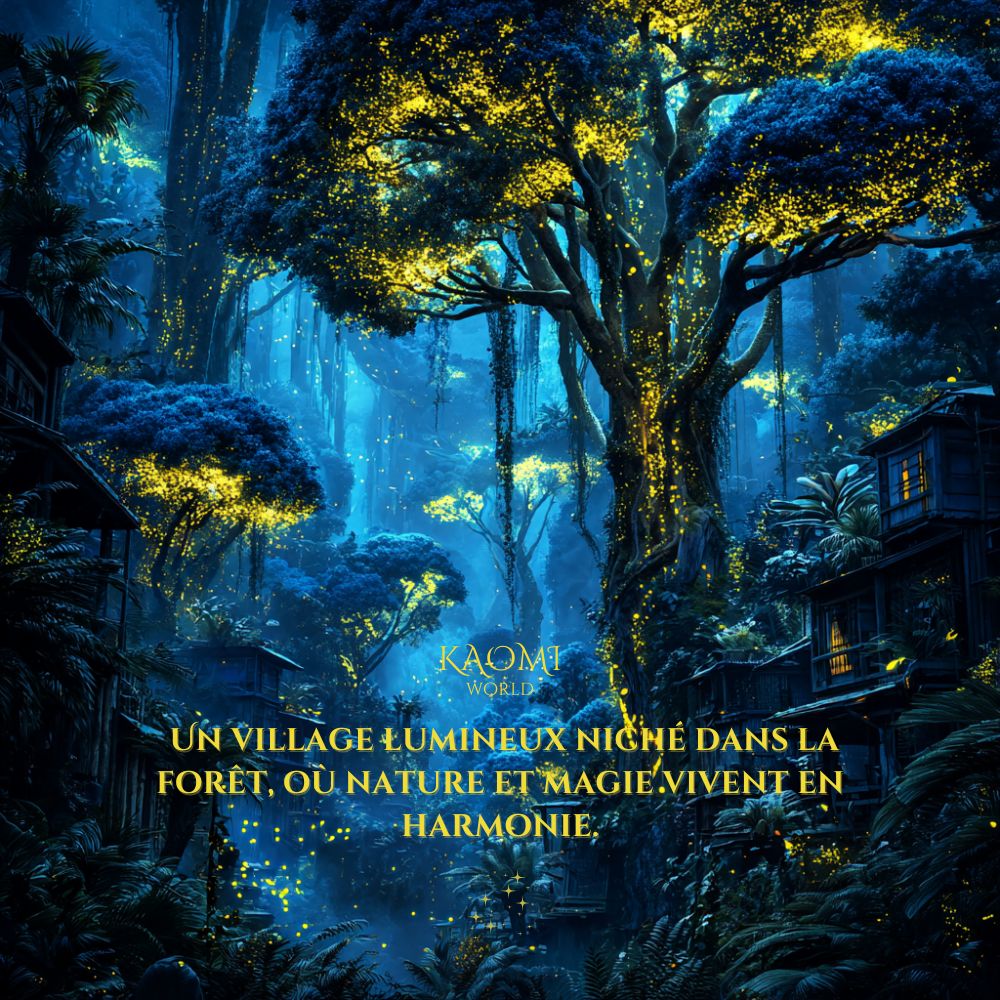 Illustration numérique d’un village féerique niché au cœur d’une forêt lumineuse, baigné de lumière naturelle et de détails bio-luminescents.