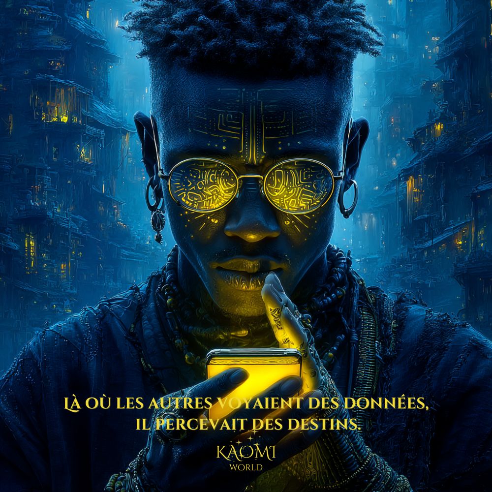 Portrait d’un homme noir futuriste, regard caché derrière des lunettes brillantes dorées, observant un téléphone lumineux. Il est entouré d’immeubles sombres dans une ville high-tech. Ambiance mystique et cybernétique.