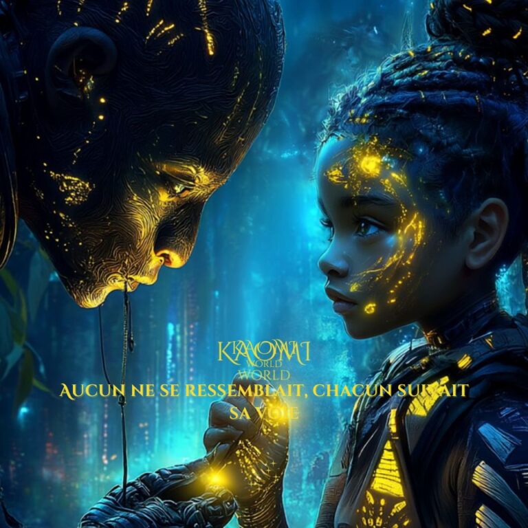 Une enfant lumineuse regarde un être mystérieux aux motifs dorés, dans une forêt bleue et scintillante. Leurs mains se rejoignent, unis par un éclat de lumière, symbole d’un lien profond et de la singularité de chaque être. Illustration de Kaomi World, univers poétique et initiatique de Laëtitia Bolard.