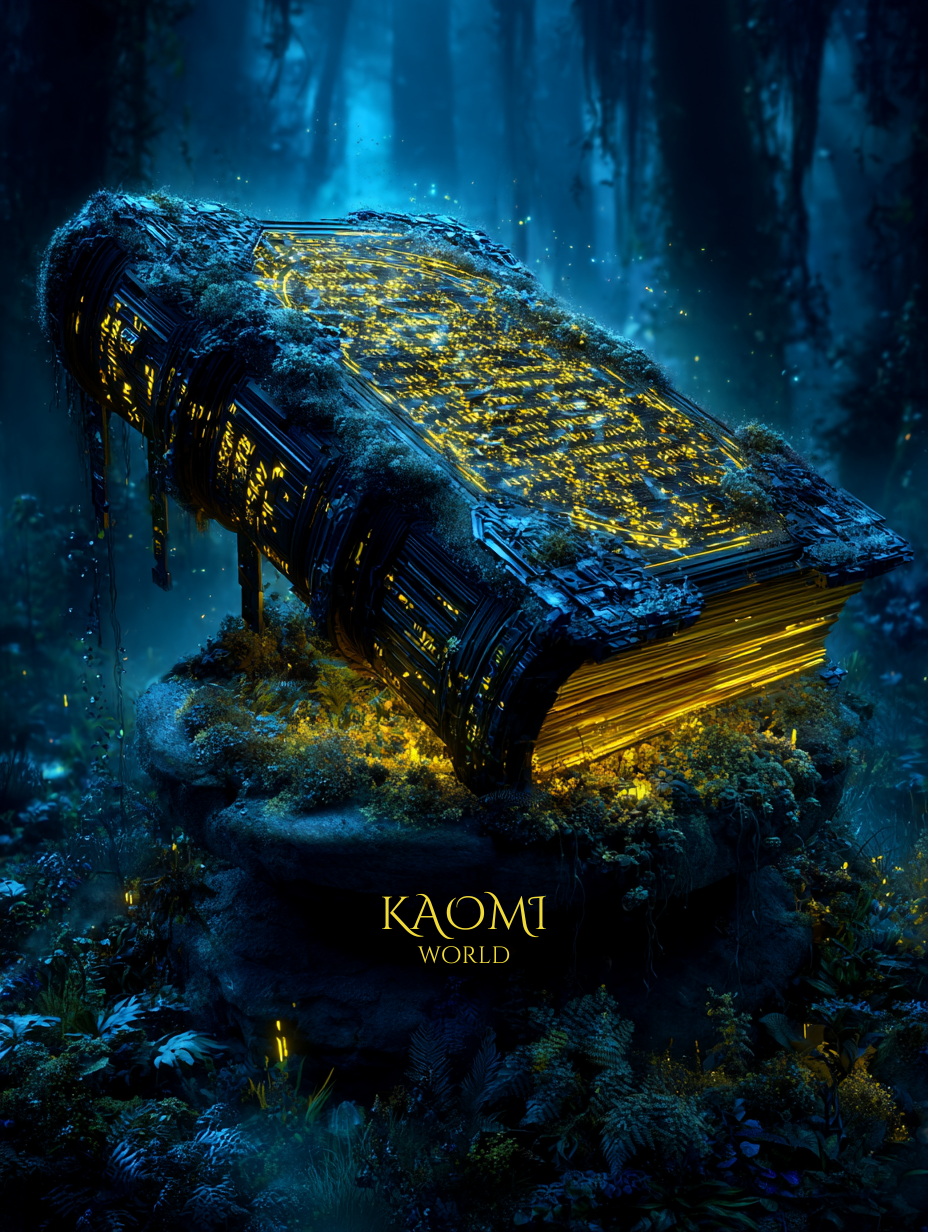 Grand grimoire ancien recouvert de mousse, reposant sur un piédestal de pierre dans une forêt enchantée, illuminé de runes dorées et de lumière magique.