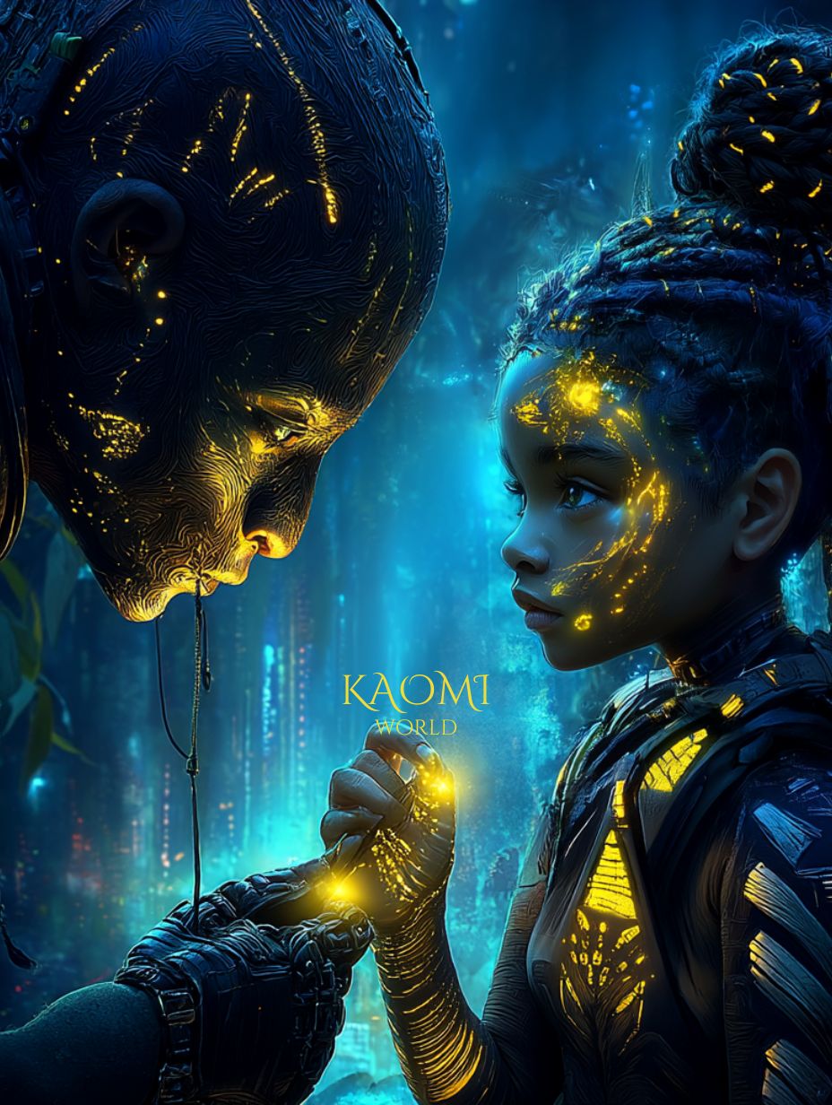 Une enfant lumineuse regarde un être mystérieux aux motifs dorés, dans une forêt bleue et scintillante. Leurs mains se rejoignent, unis par un éclat de lumière, symbole d’un lien profond et de la singularité de chaque être. Illustration de Kaomi World, univers poétique et initiatique de Laëtitia Bolard.