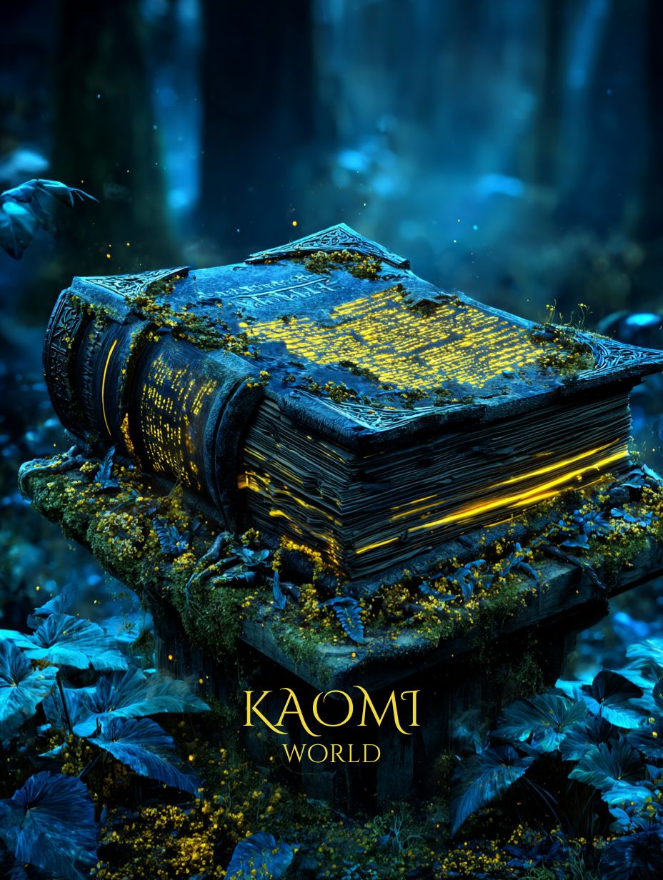 Ancien livre sacré posé sur un autel de pierre au cœur de la forêt de Kaomi, dont les pages dorées s’illuminent d’éclats vivants — le Codex Lumineux, registre des êtres de lumière.