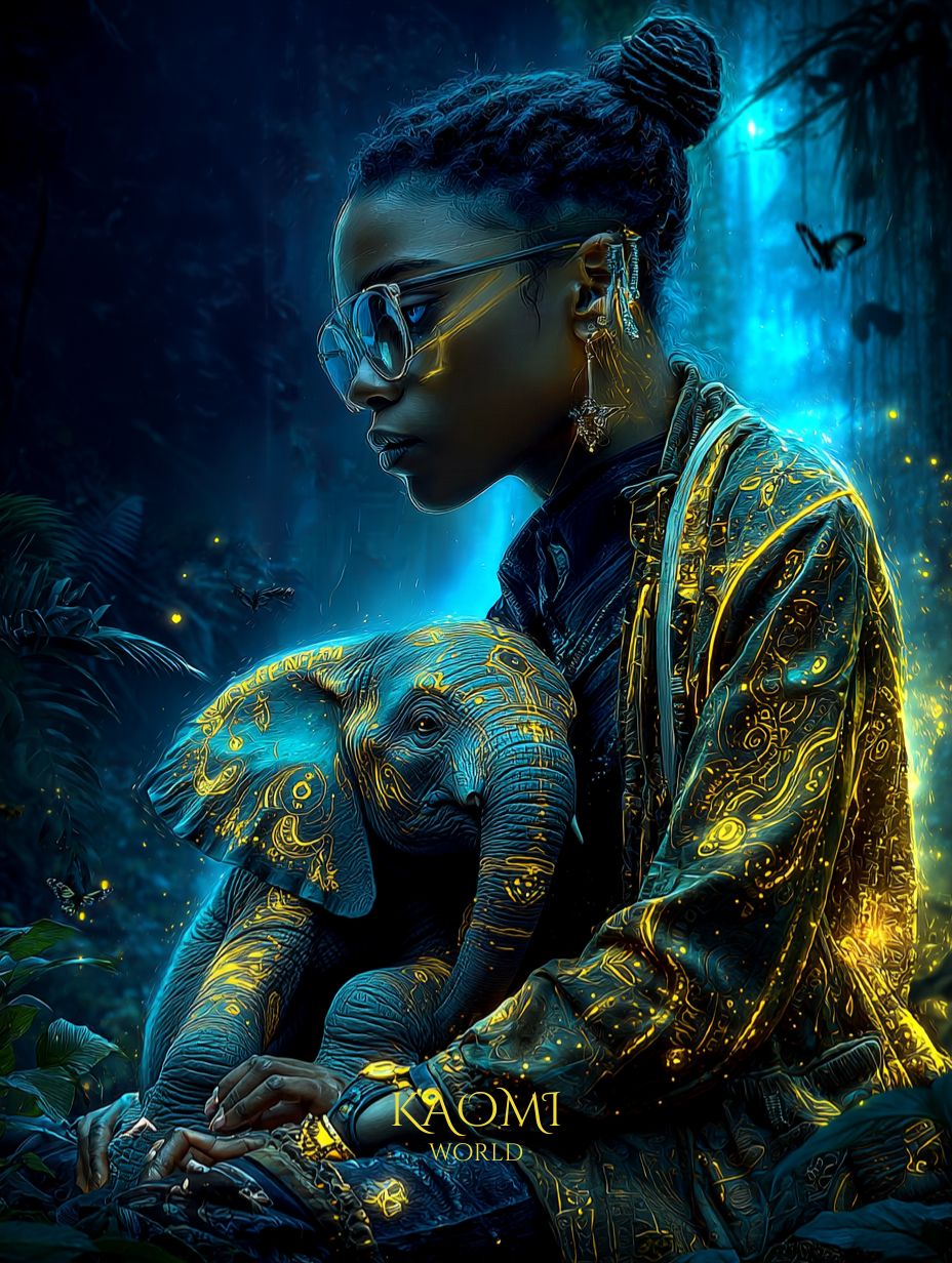 Portrait d’Asha, jeune fille aux motifs lumineux, assise dans une forêt bleutée aux reflets d’or, tenant un bébé éléphant orné de symboles lumineux. Scène onirique et apaisante issue de l’univers Kaomi World.