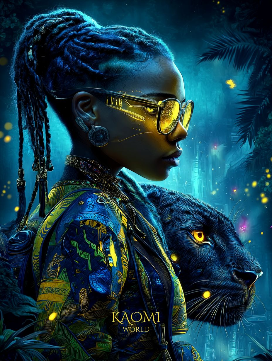 Portrait de Nyra, jeune femme au regard profond, vêtue d’un manteau or et bleu orné de symboles lumineux, accompagnée d’une panthère noire aux yeux dorés. Scène nocturne et mystique dans une forêt bleue — univers Kaomi World.