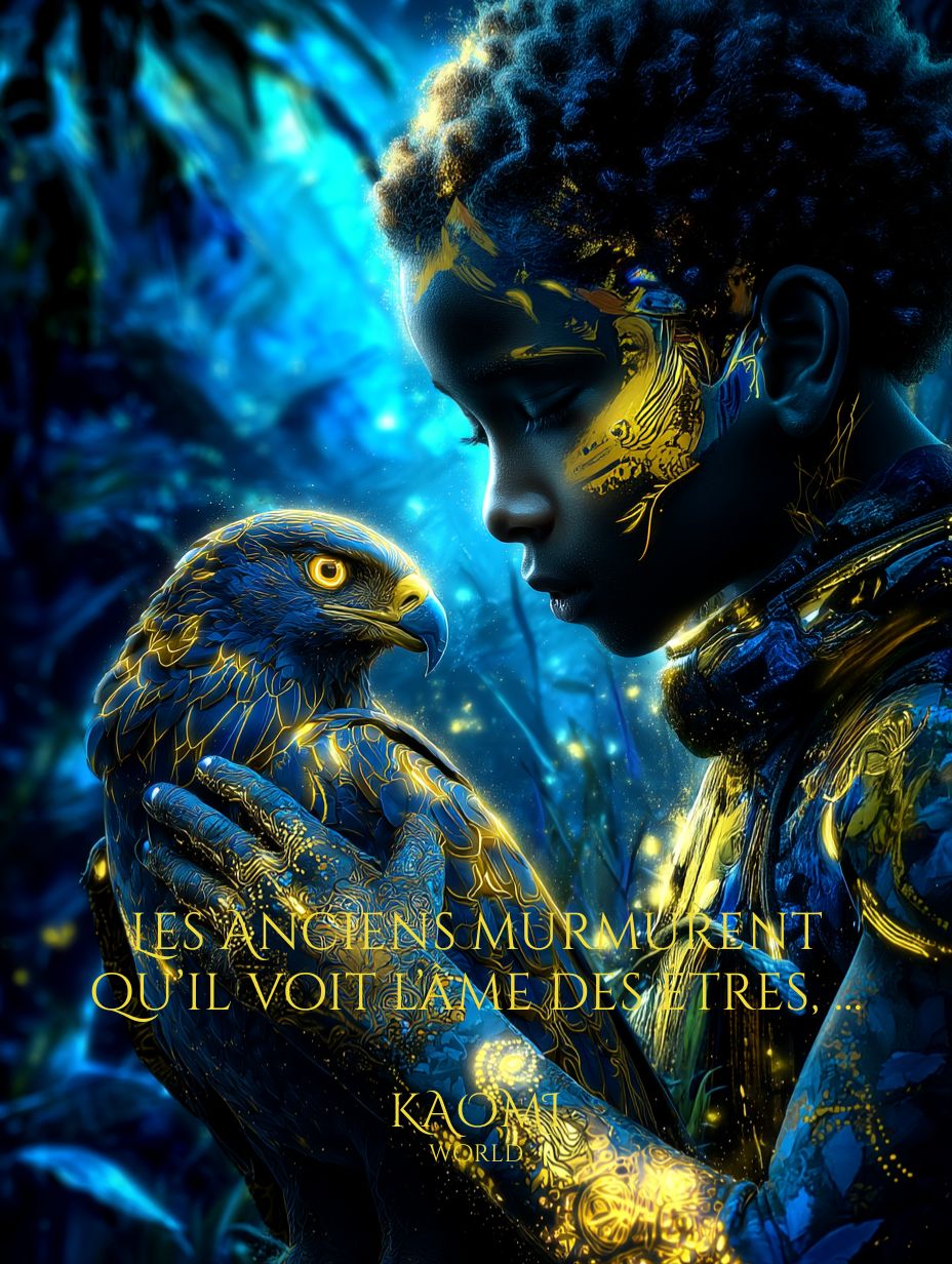 Portrait de Kael, jeune garçon lumineux tenant un aigle doré aux yeux perçants. Leurs visages se frôlent dans une lueur bleue et dorée, symbolisant la clairvoyance et l’unité du vivant. Illustration poétique issue de l’univers Kaomi World.