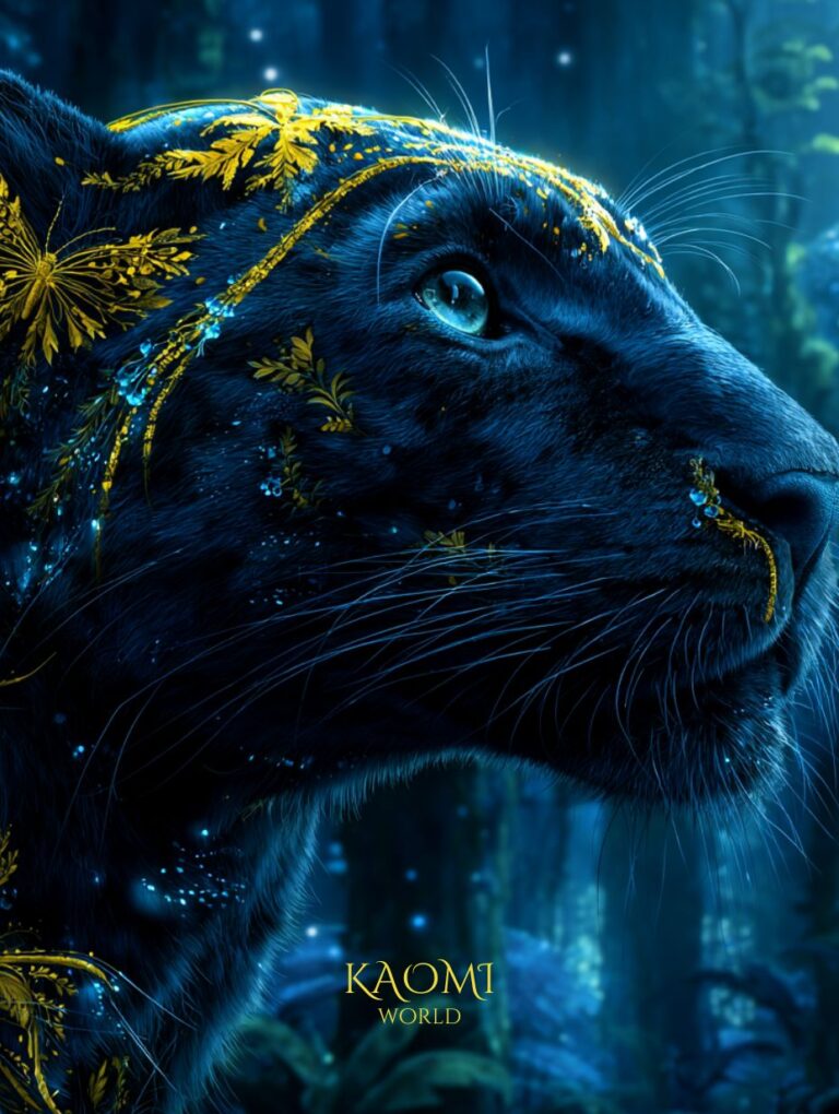 Gros plan sur Kiran, la panthère métamorphe du monde de Kaomi, au regard lumineux et au pelage orné de motifs floraux dorés, symbole du lien sacré entre la nature et la lumière intérieure.