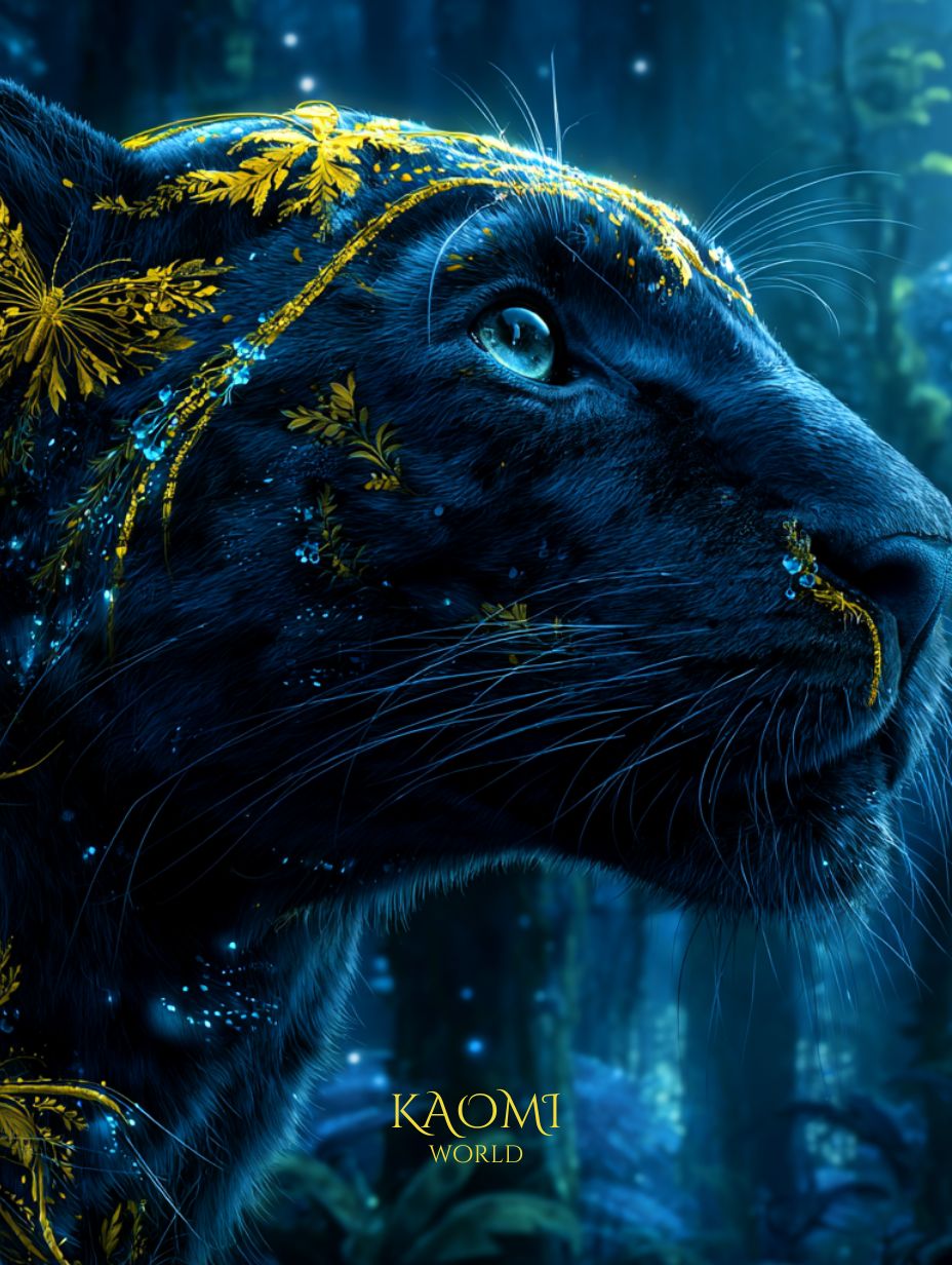 Gros plan sur Kiran, la panthère métamorphe du monde de Kaomi, au regard lumineux et au pelage orné de motifs floraux dorés, symbole du lien sacré entre la nature et la lumière intérieure.