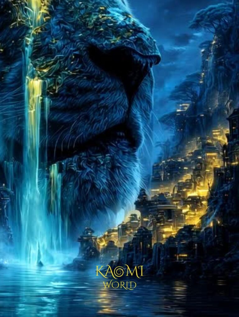 Profil d’un lion colossal dont les larmes dorées forment une cascade lumineuse s’écoulant vers une cité ancienne éclairée d’or.