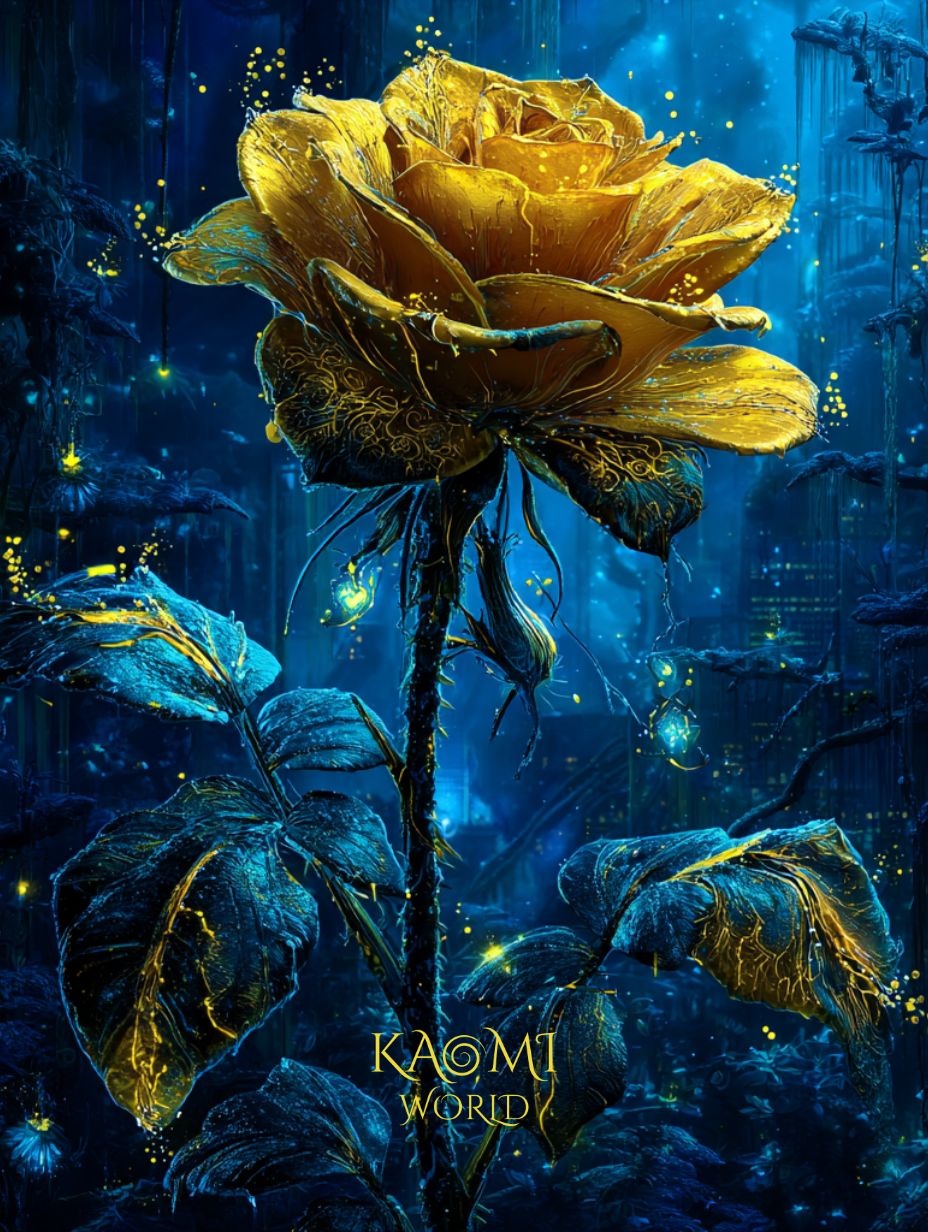 Rose d’Aurélion aux pétales d’or et lueurs magiques — univers Kaomi World