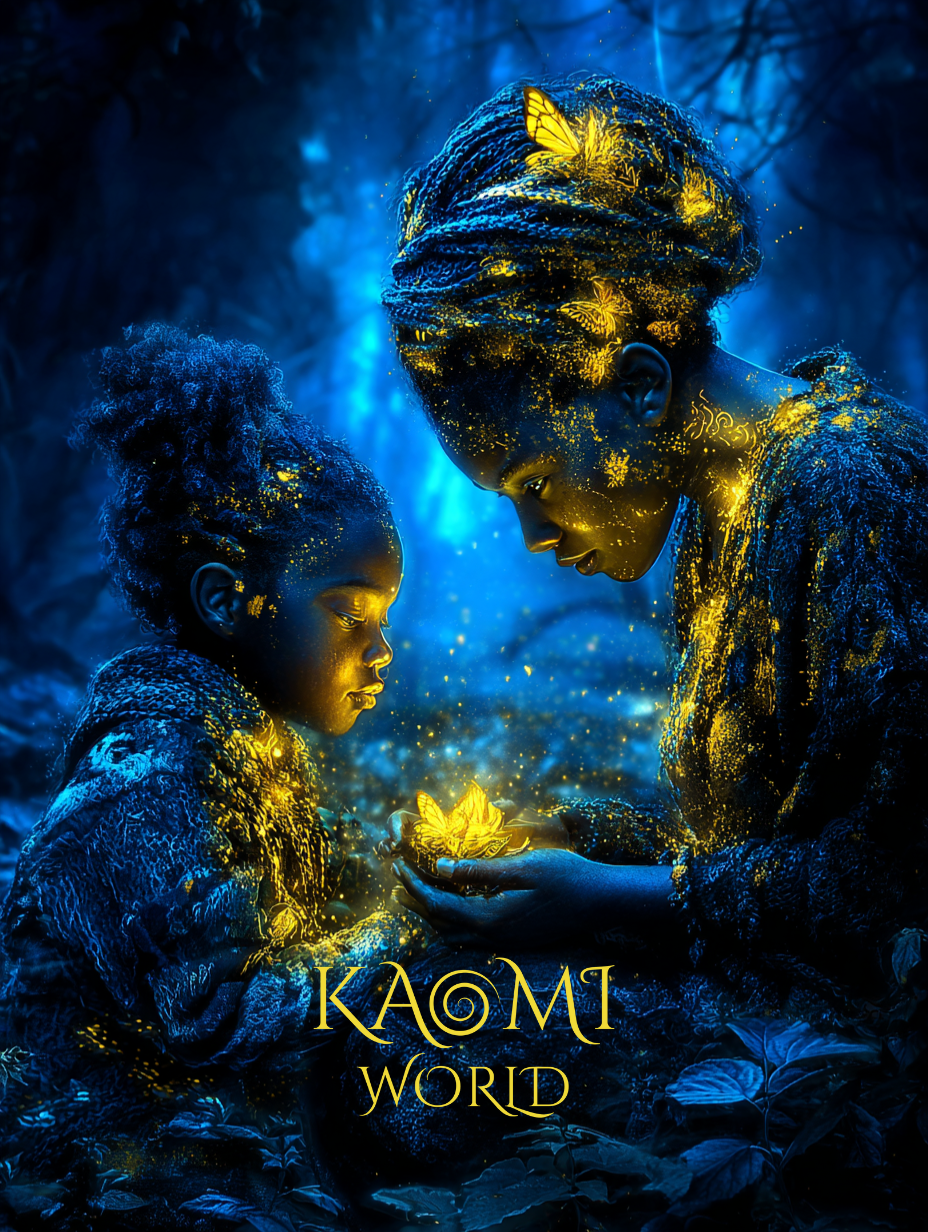 Mère et fille de l’univers Kaomi World, portant des motifs lumineux dorés sur le visage, se font face dans une forêt nocturne bleutée. Elles tiennent ensemble une lumière vivante symbolisant la transmission de la lumière intérieure lors de la Veillée de la Lumière.