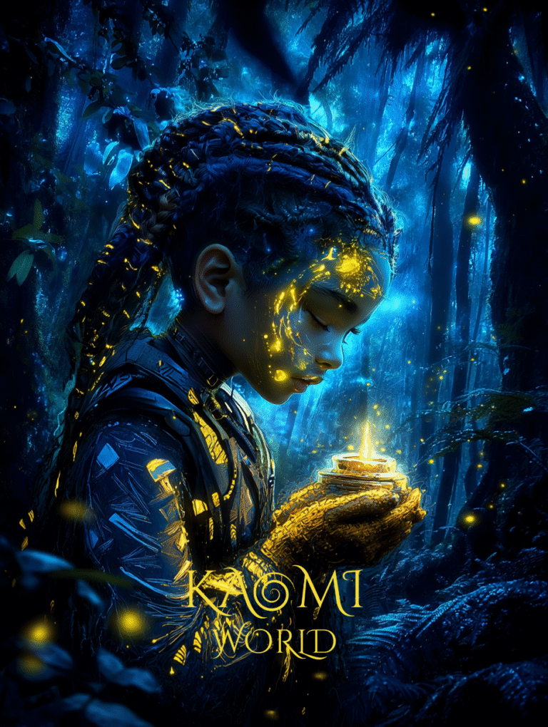 Kaomi, enfant de l’univers Kaomi World, tient une petite bougie dorée entre ses mains dans une forêt nocturne bleutée. Des motifs lumineux apparaissent sur son visage, symbolisant la lumière intérieure lors de la Veillée de la Lumière.
