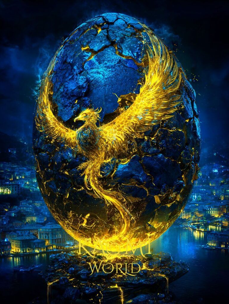 Pyraël, le Phénix de Kaomi World, déploie ses ailes dorées en sortant d’un grand œuf ancien fissuré. La lumière dorée jaillit de la coquille brisée, symbolisant la renaissance après un long cycle.