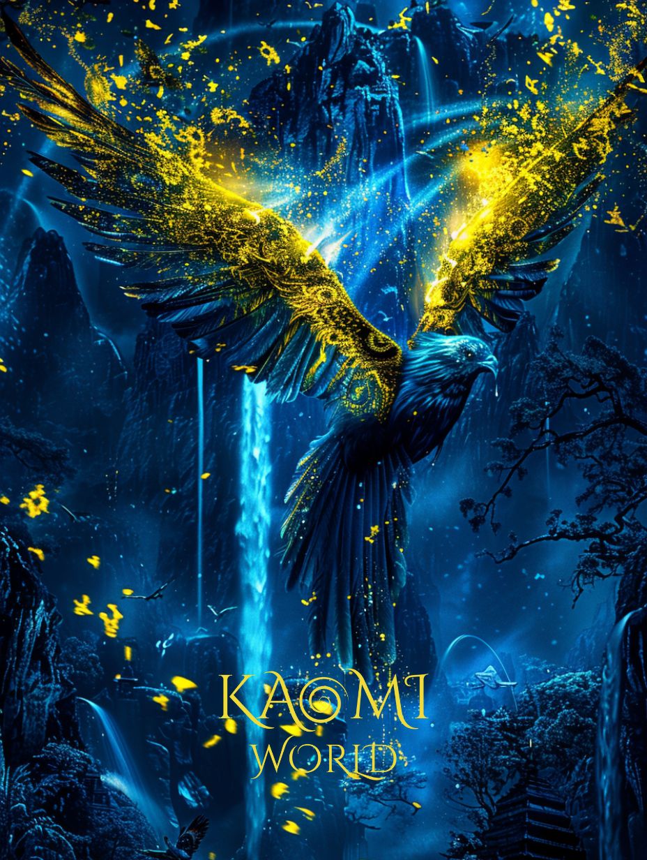 Pyraël, le Phénix de Kaomi World, déploie ses ailes dorées dans une forêt nocturne bleutée. Des éclats de lumière dorée s’élèvent autour de lui, symbolisant la renaissance et le renouveau après un long cycle.