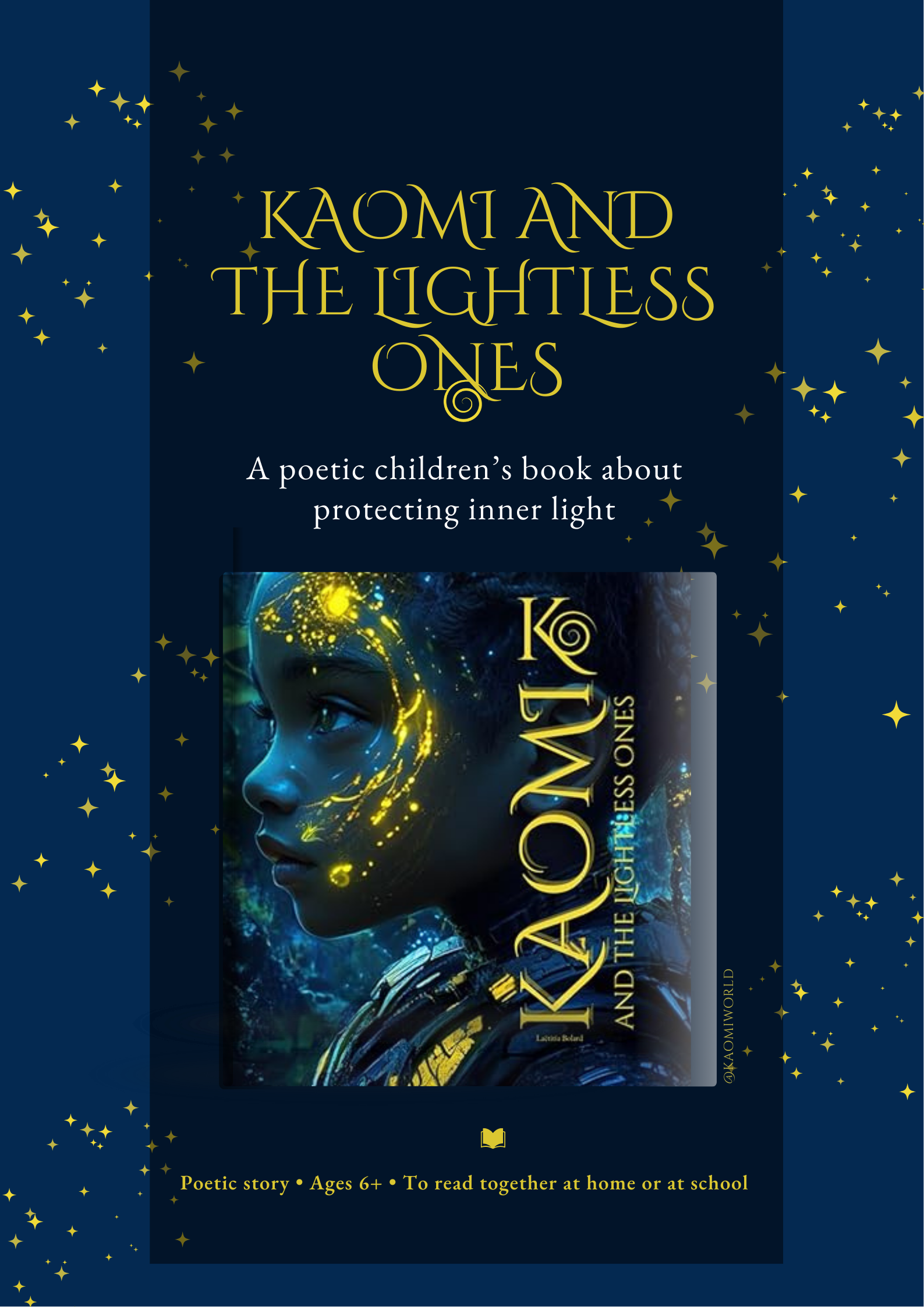 Cover illustration of Kaomi and the Lightless Ones, a poetic children’s book about protecting inner light