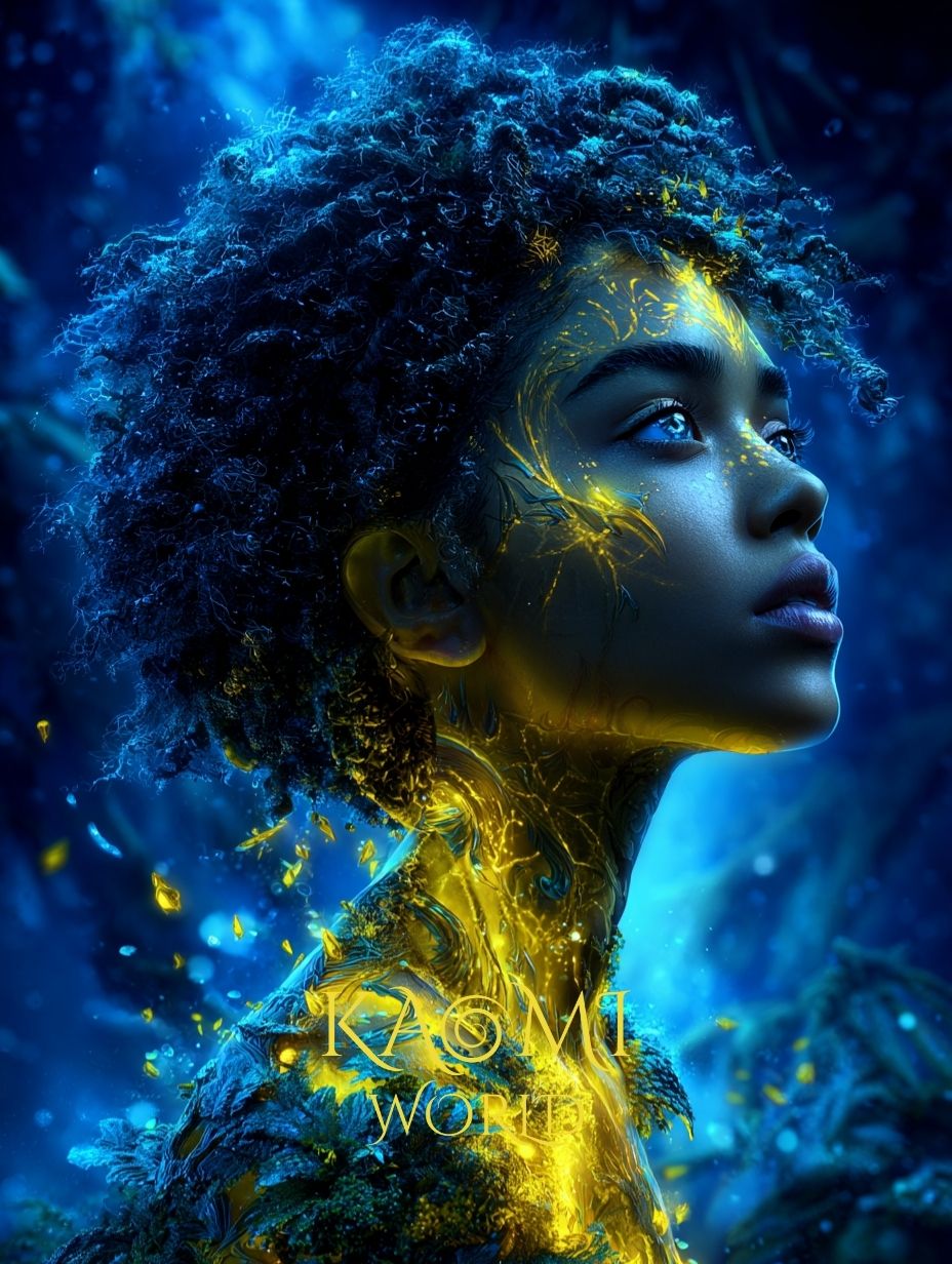 Portrait d’une jeune femme afro aux cheveux bouclés, plongée dans une forêt bleutée, dont la peau laisse apparaître une lumière dorée organique circulant sous la surface, symbole d’une lumière intérieure cachée dans l’univers de Kaomi World.