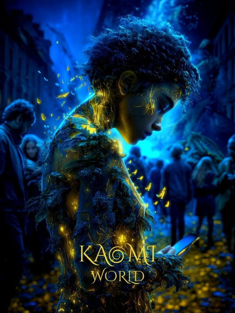 Jeune femme afro marchant dans une rue sombre peuplée, éclairée par des lumières bleues et jaunes, tenant un téléphone lumineux, tandis qu’une lueur dorée organique semble circuler discrètement sous sa peau dans l’univers de Kaomi World.