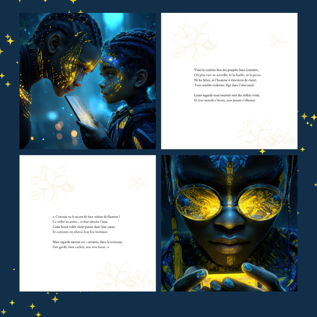 Mosaïque d’illustrations du livre Kaomi et les Sans-Lumière, montrant des scènes poétiques autour de la lumière intérieure, de l’enfance et des reflets numériques, dans un univers onirique.