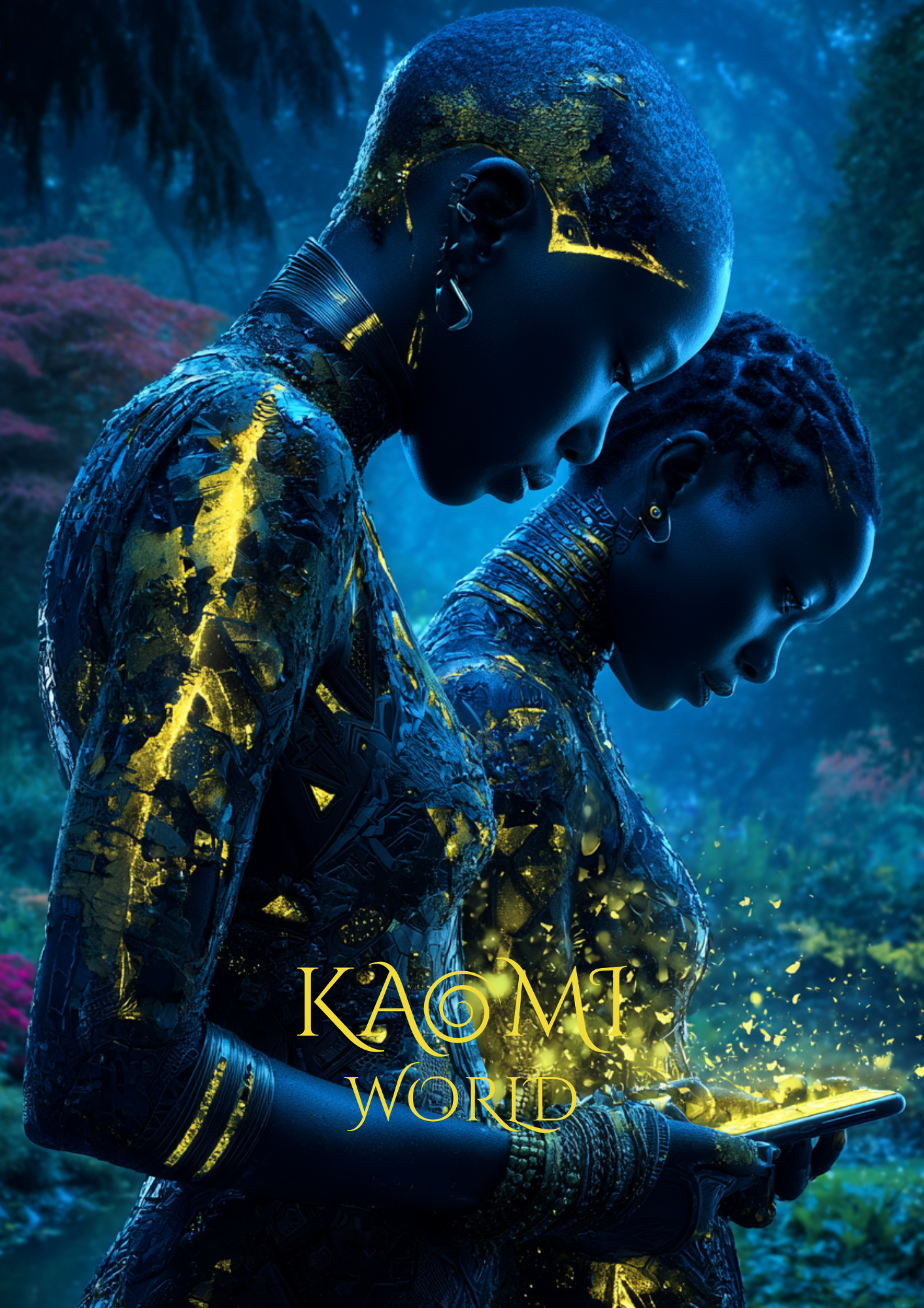 Deux adultes dans l’univers Kaomi World, reliés par leurs téléphones, portant des motifs lumineux symbolisant l’attention, le lien et la communication consciente.