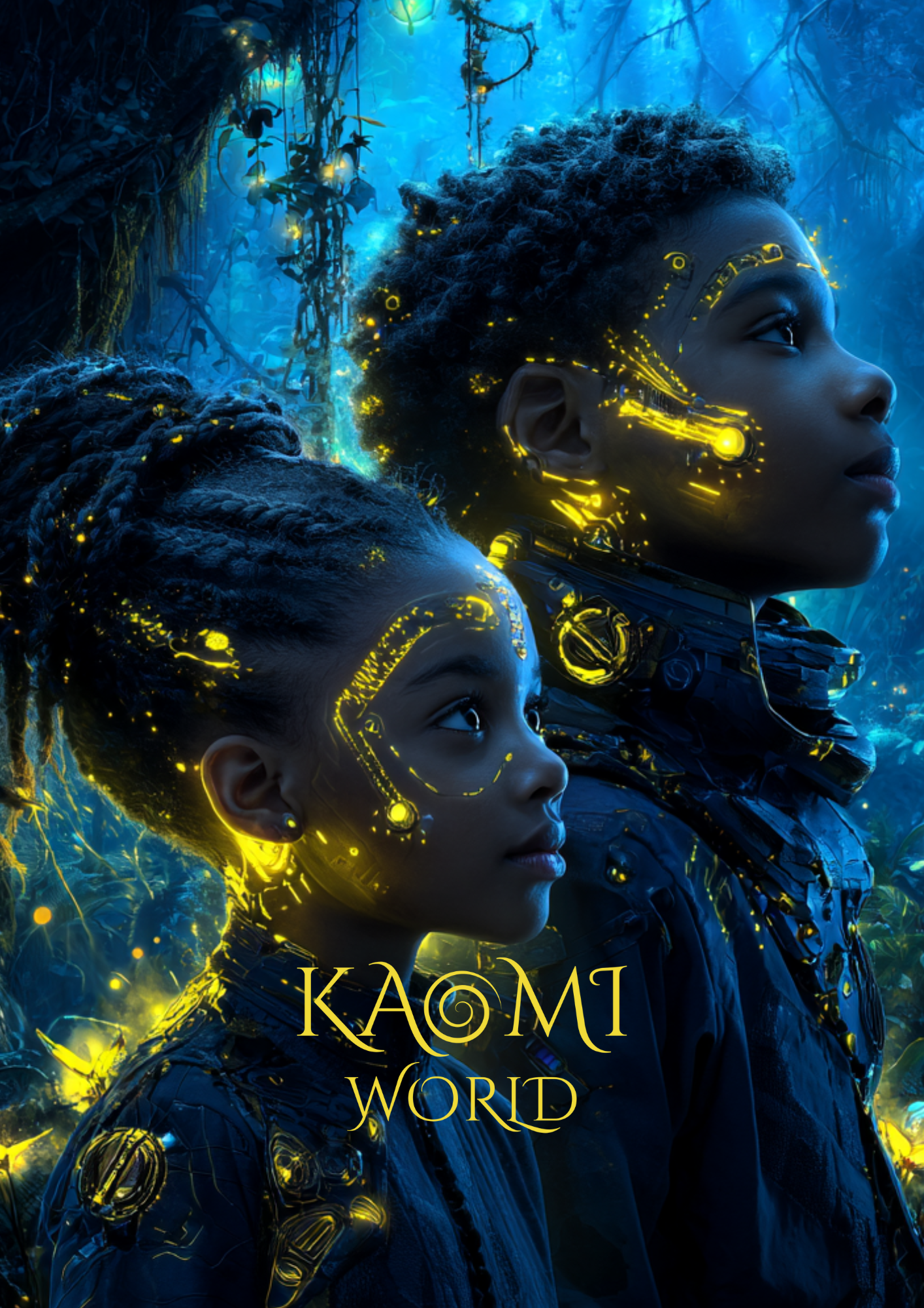Deux enfants dans un univers poétique et lumineux, symbolisant l’attention, l’imaginaire et la lumière intérieure au cœur du projet pédagogique Kaomi World.
