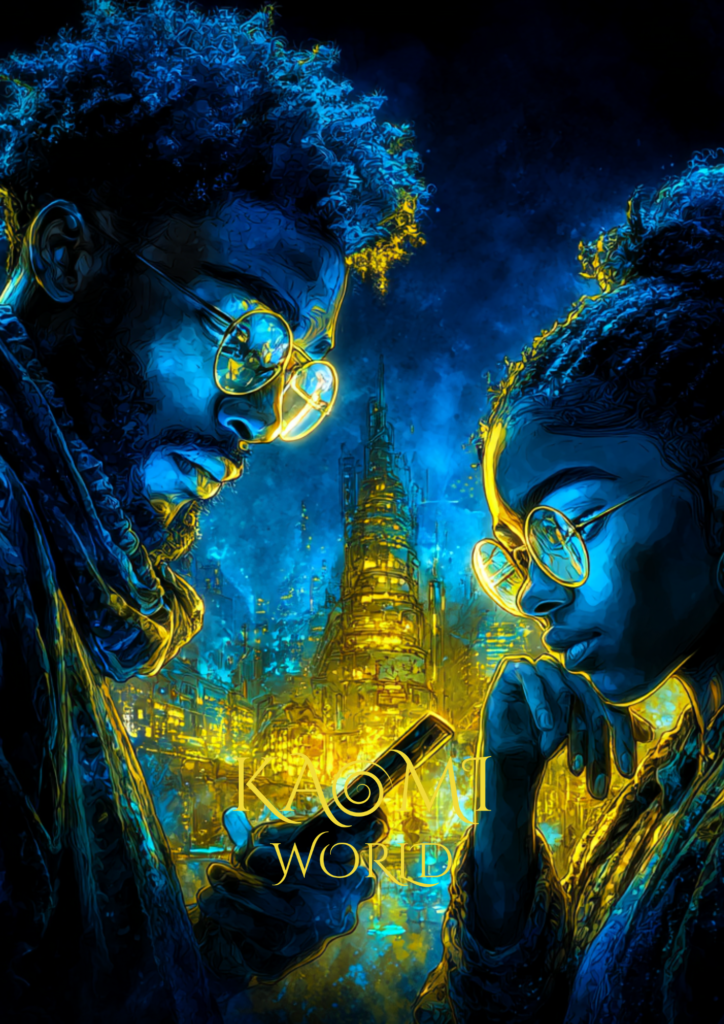 Adulte et enfant se faisant face autour d’un écran lumineux, symbole de dialogue et de transmission éducative dans le projet Kaomi World