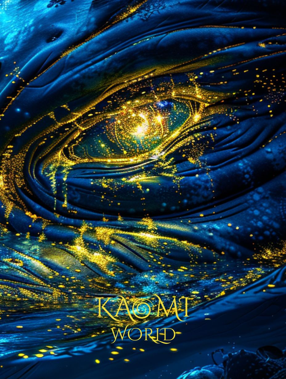 Œil de baleine cosmique avec galaxie lumineuse et symboles anciens, Gardien des profondeurs dans l’univers Kaomi World