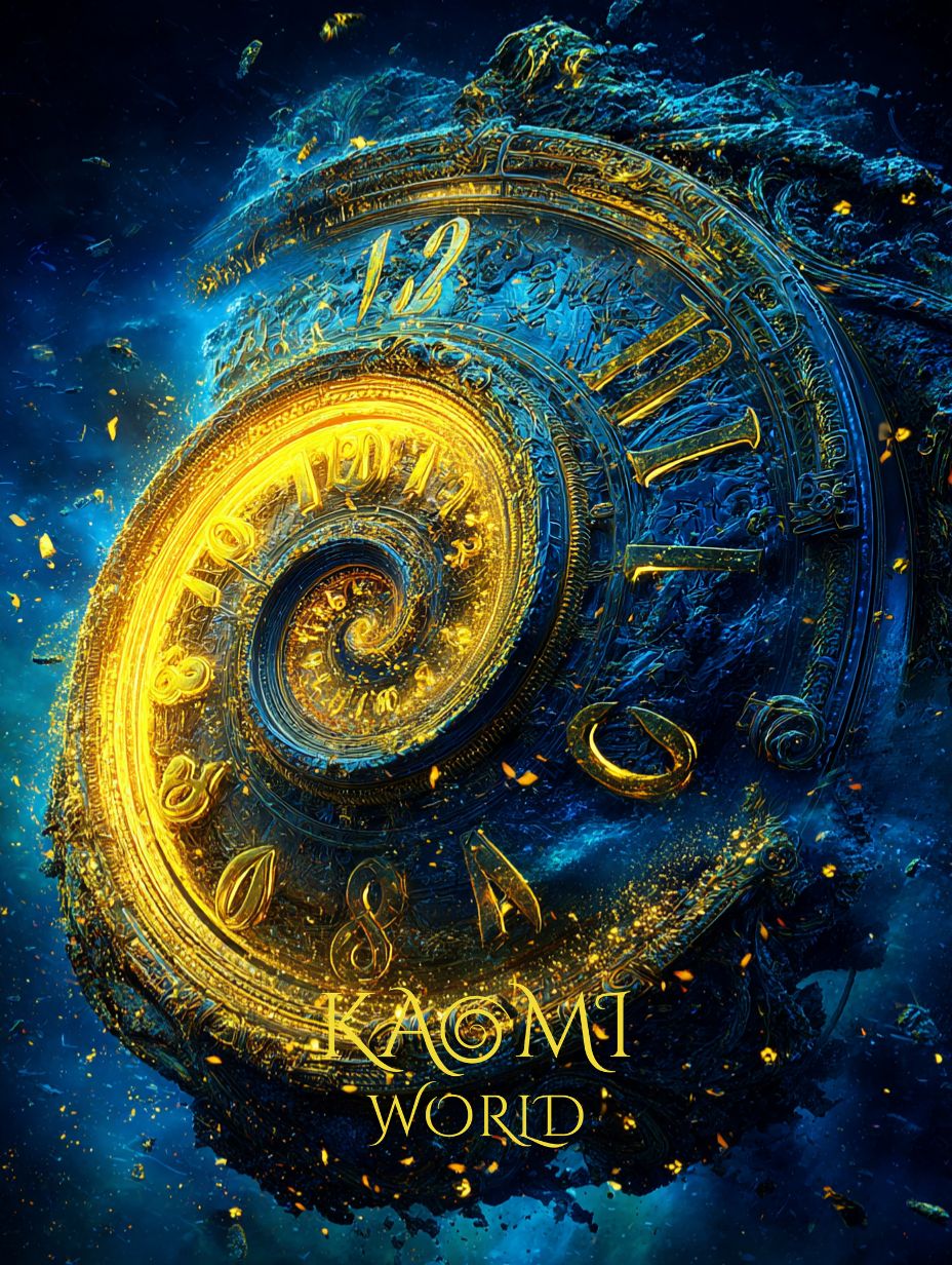Horloge spirale lumineuse représentant le flux du temps dans un univers mystique bleu et or, symbole du temps et de la transformation dans Kaomi World