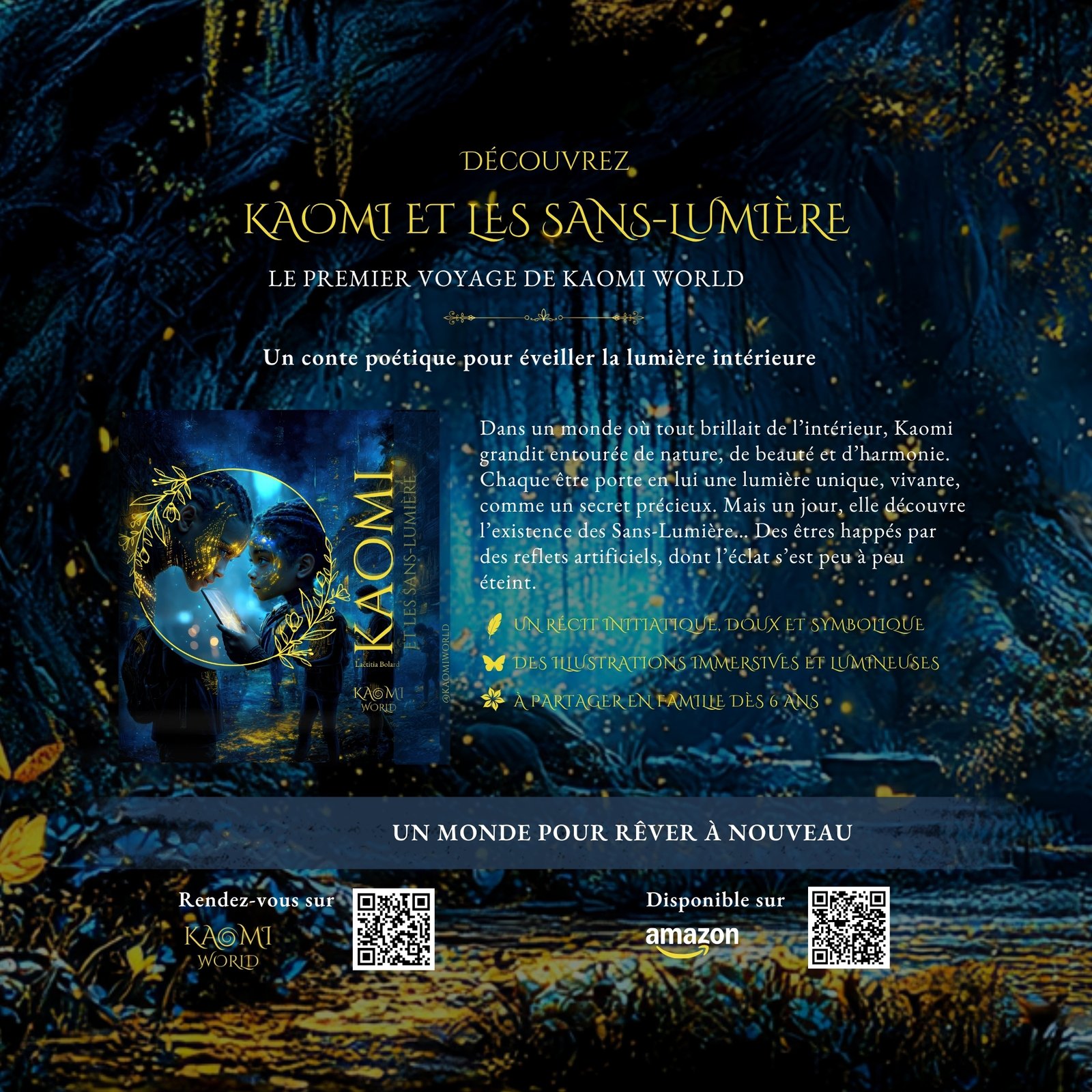 Kaomi et les Sans-Lumière, album jeunesse poétique illustré de Kaomi World sur la lumière intérieure et les écrans