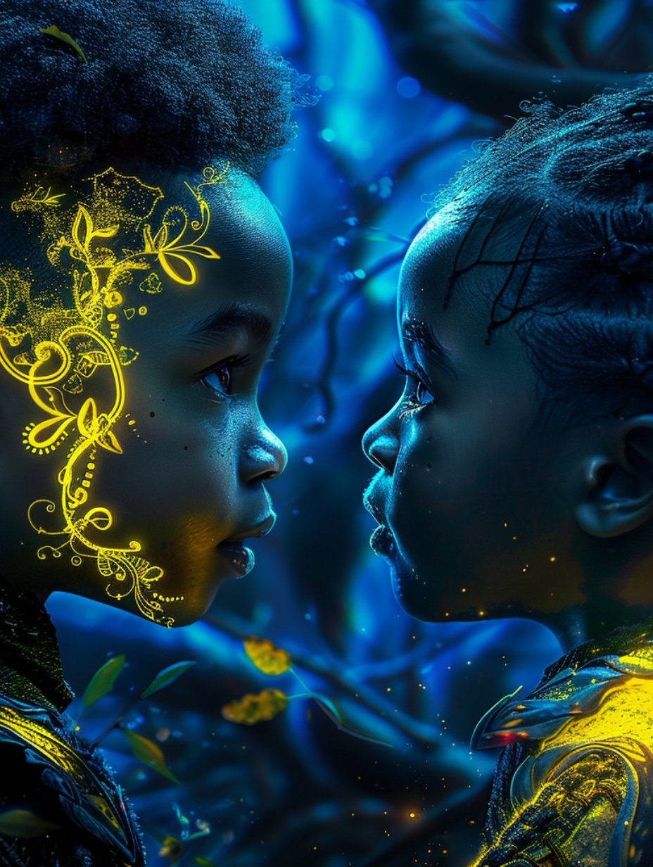 Deux enfants dans l’univers lumineux de Kaomi World lors d’une expérience autour de l’imaginaire
