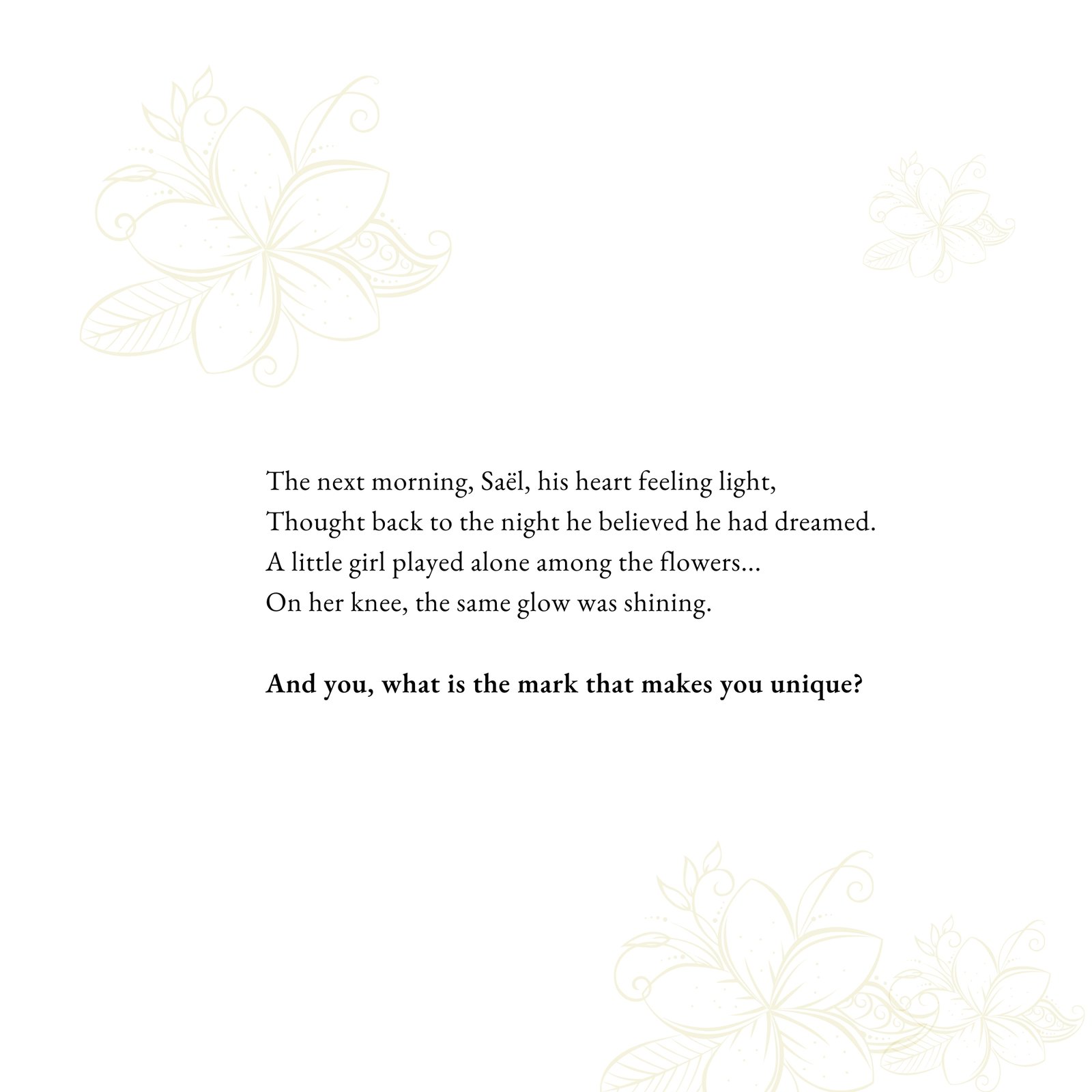 Children’s Books Final page of Saël and the Luminous Mark inviting children to celebrate what makes them unique