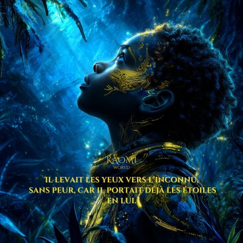 Portrait d’un jeune enfant noir dans une forêt futuriste bleue, regard tourné vers la lumière. Son visage est orné de motifs lumineux dorés. L’image évoque l’éveil, la curiosité et la magie intérieure.