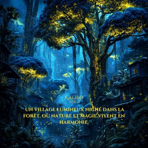Illustration numérique d’un village féerique niché au cœur d’une forêt lumineuse, baigné de lumière naturelle et de détails bio-luminescents.