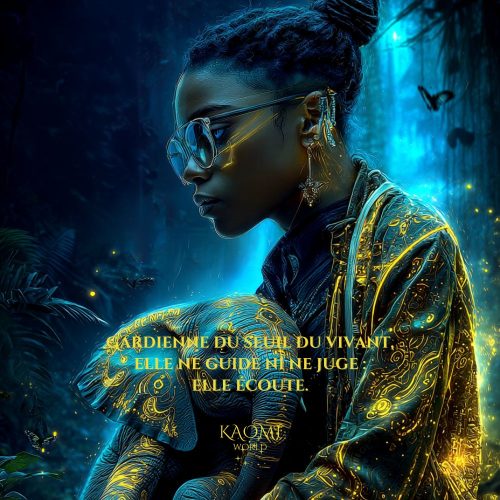 Portrait d’Asha, jeune fille aux motifs lumineux, assise dans une forêt bleutée aux reflets d’or, tenant un bébé éléphant orné de symboles lumineux. Scène onirique et apaisante issue de l’univers Kaomi World.