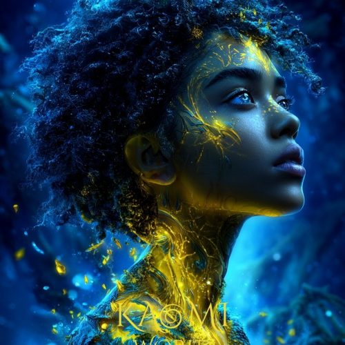 Portrait d’une jeune femme afro aux cheveux bouclés, plongée dans une forêt bleutée, dont la peau laisse apparaître une lumière dorée organique circulant sous la surface, symbole d’une lumière intérieure cachée dans l’univers de Kaomi World.
