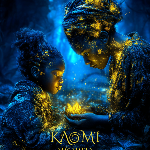 Mère et fille de l’univers Kaomi World, portant des motifs lumineux dorés sur le visage, se font face dans une forêt nocturne bleutée. Elles tiennent ensemble une lumière vivante symbolisant la transmission de la lumière intérieure lors de la Veillée de la Lumière.