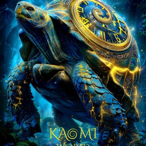Tortue mystique portant une horloge dorée sur sa carapace, gardienne du temps et symbole de sagesse et de lenteur dans l’univers Kaomi World
