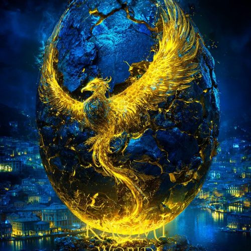 Pyraël, le Phénix de Kaomi World, déploie ses ailes dorées en sortant d’un grand œuf ancien fissuré. La lumière dorée jaillit de la coquille brisée, symbolisant la renaissance après un long cycle.